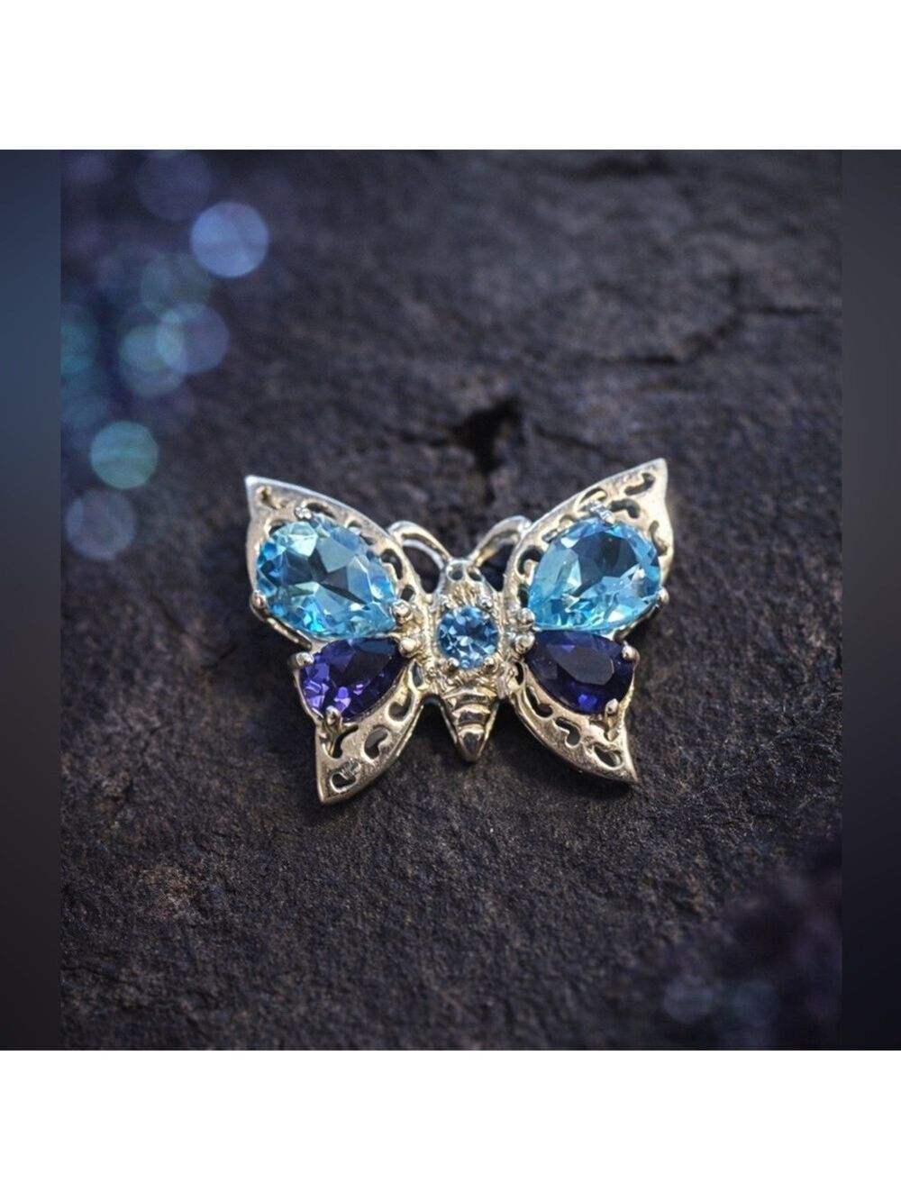 VINTAGE Sterling Silver 925 Genuine Blue Topaz Faux Amethyst Butterfly Pendant